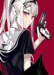 Rule 34 | 1girl, black hairband, black nails, black shirt, black wings, braid, comic, commentary request, cross hair ornament, ear piercing, from behind, green night, gun, hair ornament, hairband, handgun, highres, holding, holding gun, holding weapon, long hair, looking at viewer, looking back, m1911, nail polish, original, piercing, pink eyes, red background, sailor collar, shirt, short sleeves, silver hair, simple background, solo, trigger discipline, twin braids, weapon, white sailor collar, wings