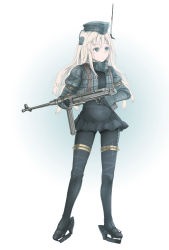 Rule 34 | 10s, 1girl, absurdres, belt buckle, black eyes, black pantyhose, blonde hair, blue background, buckle, covered navel, cropped jacket, expressionless, full body, garrison cap, gloves, gradient background, gun, hat, highres, kantai collection, kriegsmarine, long hair, long sleeves, looking to the side, military, military uniform, mp 40, pantyhose, puffy sleeves, solo, standing, strap, submachine gun, trigger discipline, u-511 (kancolle), uniform, weapon, wehrmacht, yuemanhuaikong