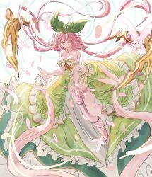 Rule 34 | 1girl, absurdres, backless outfit, breasts, cleavage, flower, granblue fantasy, hair flower, hair ornament, highres, leaf, leaf on head, low twintails, monster girl, mou pl, pink hair, plant girl, plant on head, pointy ears, solo, sprout on head, thorns, twintails, yggdrasil (granblue fantasy)