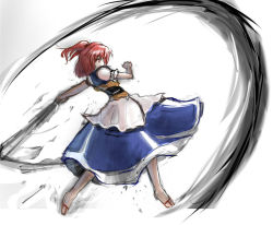 Rule 34 | 1girl, attack, clenched hands, dress, female focus, full body, gradient background, hair bobbles, hair ornament, image sample, japanese clothes, onozuka komachi, pink eyes, pink hair, puffy short sleeves, puffy sleeves, sandals, scythe, short hair, short sleeves, sketch, solo, touhou, twintails, two side up, weapon, white background