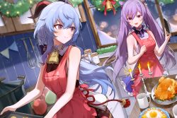 Rule 34 | 2girls, :d, ahoge, apple, apron, bare arms, bare shoulders, bell, blue hair, blush, candle, candlestand, chicken (food), commentary, cone hair bun, cup, dutch angle, food, fruit, g li, ganyu (genshin impact), genshin impact, hair between eyes, hair bun, highres, holding, holding knife, horns, indoors, keqing (genshin impact), knife, multiple girls, open mouth, purple eyes, purple hair, red apron, sleeveless, smile, whisk