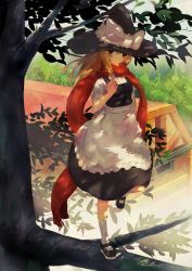 Rule 34 | 1girl, a+1, apron, blonde hair, bow, braid, branch, dappled sunlight, dress shirt, full body, hair bow, hat, hat bow, highres, house, in tree, kirisame marisa, leg up, long hair, looking at viewer, mary janes, outdoors, puffy short sleeves, puffy sleeves, red eyes, red scarf, scarf, shadow, shirt, shoes, short sleeves, smile, socks, standing, standing on one leg, sunlight, touhou, tree, w, white shirt, witch hat