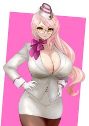 Rule 34 | 1girl, absurdres, blush, breasts, brown pantyhose, cleavage, earrings, fate/grand order, fate (series), garrison cap, glasses, gloves, hat, highres, jacket, jewelry, koyanskaya (fate), koyanskaya (foreigner) (first ascension) (fate), large breasts, long hair, long sleeves, looking at viewer, pantyhose, pencil skirt, pink hair, pink scarf, raskasar, scarf, skirt, smile, solo, tamamo (fate), thighs, white gloves, white hat, white jacket, white skirt, yellow eyes