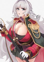 Rule 34 | 1girl, :o, aiguillette, azur lane, black dress, blunt bangs, braid, breasts, cape, cleavage, commentary request, cowboy shot, dress, epaulettes, gloves, green cape, grey eyes, grey hair, highres, holding, holding sword, holding weapon, jacket, large breasts, long hair, long sleeves, looking at viewer, marshall k, medallion, pleated dress, red jacket, saber (weapon), sheath, sheathed, side braid, sidelocks, simple background, solo, standing, sword, uniform, very long hair, vittorio veneto (azur lane), weapon, white background, white gloves
