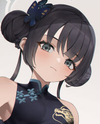 Rule 34 | 1girl, bare shoulders, black dress, black hair, blue archive, blush, breasts, butterfly hair ornament, china dress, chinese clothes, closed mouth, double bun, dragon print, dress, floral print, frown, grey eyes, hair bun, hair ornament, halo, highres, kisaki (blue archive), long hair, looking at viewer, portrait, print dress, sidelocks, simple background, sleeveless, sleeveless dress, small breasts, sunkilow, white background