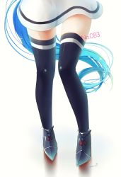 Rule 34 | 10s, 1girl, ankle boots, armor, armored boots, artist name, bad id, bad nicoseiga id, blue hair, blue thighhighs, boots, close-up, dress, footwear ribbon, grey footwear, hana (hoshiko 4270), hana (seiga15571775), highres, kantai collection, legs, long hair, lower body, red ribbon, ribbon, samidare (kancolle), simple background, skirt, solo, standing, thighhighs, thighs, very long hair, white background, white dress, white skirt, zettai ryouiki
