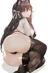Rule 34 | 1girl, animal ears, ass, atago (azur lane), atago (stunning speedster) (azur lane), azur lane, bad id, bad pixiv id, bikini, black bikini, black hair, blush, braid, breasts, brown thighhighs, commentary request, extra ears, foreshortening, from behind, hair between eyes, hair ribbon, highres, large breasts, long hair, long sleeves, looking at viewer, looking back, lying, mole, mole under eye, no shoes, on side, race queen, ribbon, rosie99, shrug (clothing), simple background, smile, soles, solo, stomach, swimsuit, thighhighs, thighs, thong, two-tone bikini, very long hair, white background, white ribbon, wolf ears, yellow eyes