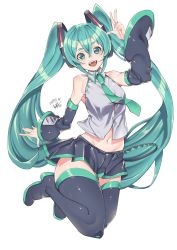 Rule 34 | 1girl, arm up, bare shoulders, black footwear, black legwear, black skirt, blush, boots, collarbone, commentary, dated, green eyes, green hair, green necktie, hair between eyes, hatsune miku, highres, kuma (jk0073), long hair, musical note, navel, necktie, open mouth, shiny skin, short eyebrows, signature, simple background, skirt, smile, solo, star (symbol), teeth, tongue, transparent background, twintails, upper teeth only, very long hair, vocaloid, white background