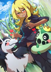 Rule 34 | 1girl, absurdres, affectionate, blonde hair, blue nails, blush stickers, cacnea, cloud, creatures (company), dark-skinned female, dark skin, day, delinquent (pokemon), eyelashes, game freak, gen 3 pokemon, grass, grey eyes, hair between eyes, heart, highres, jacket, lipstick, long hair, looking down, lower teeth only, makeup, mightyena, navel, nintendo, open mouth, outdoors, pants, pokemon, pokemon (creature), pokemon oras, pon yui, sky, tall grass, tassel, teeth, tongue