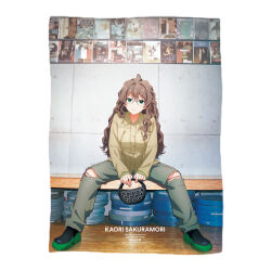 ahoge bag brown_hair english_text glasses green_eyes handbag idolmaster idolmaster_million_live! official_art pants promotional_art sakuramori_kaori sitting torn_clothes