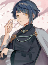 Rule 34 | 1boy, blue hair, cape, cherry blossoms, closed mouth, frilled sleeves, frills, genshin impact, grey cape, highres, long sleeves, looking at viewer, male focus, monocle, official alternate costume, orange eyes, petals, solo, unacha, upper body, xingqiu (aoi no okina) (genshin impact), xingqiu (genshin impact)