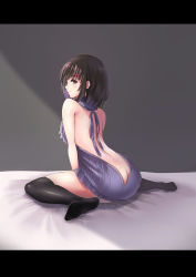 Rule 34 | 1girl, absurdres, ass, augu (523764197), back, backless outfit, black thighhighs, blush, breasts, brown eyes, brown hair, butt crack, full body, highres, katou megumi, letterboxed, looking at viewer, meme attire, saenai heroine no sodatekata, short hair, smile, solo, thighhighs, virgin killer sweater, zettai ryouiki