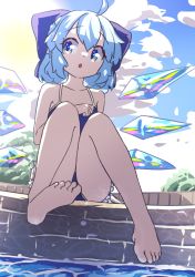 Rule 34 | 1girl, absurdres, ahoge, bikini, blue bikini, blue bow, blue eyes, blue hair, bow, bow bikini, caustics, cirno, cloud, collarbone, feet, from below, full body, hair between eyes, hair bow, highres, ice, ice wings, knees together feet apart, looking to the side, open mouth, outdoors, pool, short hair, sky, solo, spaghetti strap, summer, swimsuit, toes, touhou, water, weh, wings