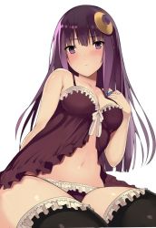 Rule 34 | 1girl, babydoll, black thighhighs, blue ribbon, blush, breasts, crescent, crescent hair ornament, frilled panties, frills, hair ornament, hair ribbon, kureha (ironika), long hair, looking at viewer, medium breasts, navel, panties, patchouli knowledge, purple eyes, purple hair, purple panties, ribbon, shiny clothes, shiny skin, simple background, sitting, solo, thighhighs, touhou, underwear, white background