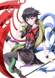 Rule 34 | 1girl, black hair, black thighhighs, crost, dress, female focus, houjuu nue, polearm, red eyes, short hair, simple background, snake, solo, spear, thighhighs, touhou, trident, weapon, white background, wings, zettai ryouiki