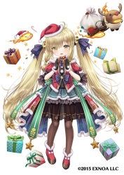 Rule 34 | 1girl, :d, black gloves, blonde hair, blue bow, bow, brown pantyhose, choker, christmas, dress, flower knight girl, full body, gift, gloves, green bow, hair bobbles, hair bow, hair ornament, hat, head tilt, holding, holding gift, kei kei, koonitabirako (flower knight girl), layered dress, long hair, looking at viewer, official art, open mouth, pantyhose, pom pom (clothes), red footwear, red hat, reindeer, sack, santa hat, shoes, simple background, sleigh, smile, solo, standing, twintails, waist bow, white background, yellow eyes