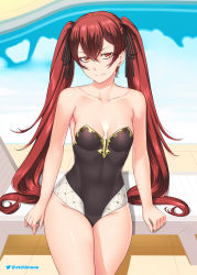 Rule 34 | 1girl, adapted costume, alternate costume, black one-piece swimsuit, black ribbon, breasts, closed mouth, collarbone, commentary, english commentary, etchimune, fire emblem, fire emblem awakening, fire emblem fates, hair between eyes, hair ribbon, long hair, medium breasts, nintendo, one-piece swimsuit, pool, red eyes, red hair, ribbon, selena (fire emblem fates), severa (fire emblem), sitting, solo, strapless, strapless one-piece swimsuit, swimsuit, thighs, twintails, very long hair
