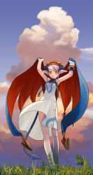 Rule 34 | 1girl, arms up, cape, fantasy, grass, hirai yukio, holding, looking at viewer, original, pointy ears, sky, smile, solo, walking