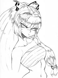 Rule 34 | 1girl, bow, breasts, chest sarashi, collarbone, constricted pupils, cropped arms, fujiwara no mokou, greyscale, hair bow, head tilt, linea alba, long hair, medium breasts, monochrome, navel, pout, sarashi, simple background, sketch, solo, spacezin, stomach, sweat, touhou, upper body, v-shaped eyebrows, very long hair, white background