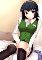 Rule 34 | 00s, 1girl, black hair, black thighhighs, breasts, highres, idolmaster, idolmaster (classic), indoors, large breasts, long hair, mole, mole under mouth, otonashi kotori, parted lips, red eyes, short hair, sitting, solo, tanaka shoutarou, thighhighs