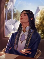 Rule 34 | 1boy, black hair, blue eyes, blue robe, blue sky, chair, circlet, crossed arms, day, elf, fingon, highres, indoors, long hair, melqinnee, on chair, open clothes, open robe, paper, pointy ears, robe, shirt, sitting, sky, solo, table, the silmarillion, tolkien&#039;s legendarium, tolkien's legendarium, tree, white shirt, window