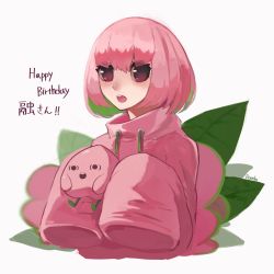 Rule 34 | 1girl, bob cut, borrowed character, colored inner hair, creature, food, fruit, green hair, happy birthday, highres, long sleeves, looking at viewer, medium hair, multicolored hair, open mouth, original, peach, pink eyes, pink hair, pink sweater, ruteko (ruko220), simple background, sleeves past fingers, sleeves past wrists, solo, sweater, upper body, white background