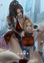 Rule 34 | 2girls, absurdres, artist name, bare shoulders, blonde hair, blue eyes, blue mary, breasts, brown eyes, brown hair, building, city, cleavage, folded fan, commentary request, covered erect nipples, crop top, fatal fury, female focus, folding fan, hand fan, high ponytail, highres, holding, holding another&#039;s arm, holding fan, jewelry, kneeling, large breasts, matching hair/eyes, multiple girls, navel, necklace, ninja, one eye closed, outdoors, parted lips, pelvic curtain, ponytail, rain wzq, red lips, restrained, revealing clothes, road sign, rope, shiranui mai, shirt, short shorts, shorts, sign, skyscraper, sleeveless, sleeveless shirt, smile, snk, straight hair, the king of fighters, thighs, torn clothes, torn shirt, violence, wrist cuffs