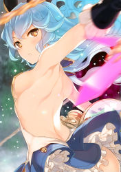 Rule 34 | 10s, 1girl, absurdres, animal ears, armpits, back, back focus, backless outfit, bare back, bare shoulders, blue hair, blue skirt, breasts, cape, detexted, earrings, erune, ferry (granblue fantasy), from behind, granblue fantasy, highres, jewelry, long hair, looking at viewer, medium breasts, miniskirt, non-web source, open mouth, outstretched arms, rabbit ears, scan, sideboob, single earring, skirt, solo, tatami to hinoki, third-party edit, upper body, wavy hair, yellow eyes