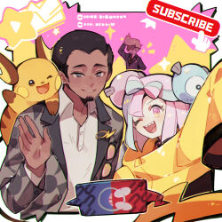 Rule 34 | 1girl, 2boys, black hair, black jacket, bow-shaped hair, character hair ornament, clavell (pokemon), collared shirt, creatures (company), dark-skinned male, dark skin, eyewear hang, facial hair, game freak, gen 1 pokemon, gen 4 pokemon, goatee, grey eyes, grey hair, hair ornament, iono (pokemon), jacket, long hair, looking at viewer, luminous slime, multicolored hair, multiple boys, nintendo, one eye closed, open clothes, open mouth, oversized clothes, pink hair, pokemon, pokemon (creature), pokemon sv, raichu, rotom, rotom phone, salvatore (pokemon), sharp teeth, shirt, short hair, sleeves past fingers, sleeves past wrists, smile, sunglasses, teeth, two-tone hair, unworn eyewear, very long sleeves, waving, wig, yellow jacket