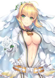 Rule 34 | 10s, 1girl, ahoge, arm at side, belt, blonde hair, bodysuit, breasts, center opening, chain, cleavage, closed mouth, cowboy shot, eyebrows, fate/extra, fate/extra ccc, fate/grand order, fate (series), flower, full-length zipper, gloves, glowing, green eyes, hair flower, hair intakes, hair ornament, holding, holding flower, large breasts, lock, looking at viewer, navel, nero claudius (bride) (fate), nero claudius (fate), nero claudius (fate) (all), padlock, petals, rose, sakuyosi, smile, solo, unzipped, veil, white background, white flower, white gloves, white rose, zipper