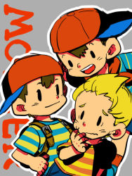 Rule 34 | 3boys, backpack, bag, baseball cap, black eyes, black hair, blonde hair, blue eyes, brown eyes, brown hair, child, copyright name, facial mark, grey background, hand to own mouth, hands on own hips, hat, lucas (mother 3), male focus, mother (game), mother 1, mother 2, mother 3, multiple boys, neckerchief, nervous, ness (mother 2), ninten, nintendo, open mouth, oto, quiff, red legwear, scarf, shirt, short hair, shorts, sideways hat, simple background, smile, socks, solid oval eyes, standing, striped clothes, striped shirt, walking, whisker markings, worried