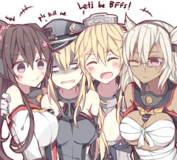 Rule 34 | 10s, 4girls, :d, ^^^, ^ ^, bandages, bismarck (kancolle), blank eyes, blonde hair, breasts, brown hair, cleavage, closed eyes, dark-skinned female, dark skin, empty eyes, english text, expressionless, genji, girl sandwich, glasses, gloom (expression), hat, headgear, hug, iowa (kancolle), kantai collection, kvlen, large breasts, multiple girls, musashi (kancolle), o o, open mouth, peaked cap, sandwiched, sarashi, shaded face, short hair, simple background, smile, turn pale, upper body, white background, yamato (kancolle)