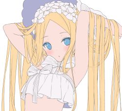 Rule 34 | 1girl, abigail williams (fate), abigail williams (swimsuit foreigner) (fate), abigail williams (swimsuit foreigner) (third ascension) (fate), armpits, arms up, bare arms, bare shoulders, bikini, blonde hair, blush, bonnet, bow, commentary, english commentary, fate/grand order, fate (series), forehead, hair bow, hands in hair, highres, hitsukuya, long hair, looking at viewer, parted bangs, parted lips, simple background, solo, strapless, strapless bikini, striped, striped bow, swimsuit, unfinished, upper body, white background, white bikini, white bow, white headwear