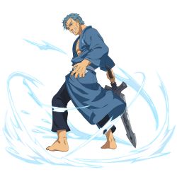 Rule 34 | 1boy, barefoot, bercouli (sao), blue hair, blue kimono, blue pants, from side, grin, highres, holding, holding sword, holding weapon, japanese clothes, kimono, male focus, manly, official art, pants, smile, solo, sword, sword art online, sword art online: alicization, transparent background, weapon