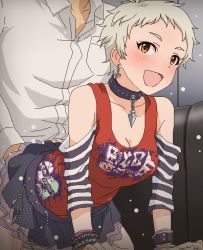 Rule 34 | 1boy, 1girl, blouse, blush, bracelet, breasts, choker, cleavage, clothed sex, clothes lift, collared shirt, couch, doggystyle, earrings, idolmaster, idolmaster cinderella girls, jewelry, oekaki, open mouth, orange eyes, see-through, senzaki ema, sex, sex from behind, shirt, short hair, skirt, solo focus, tagme, tomu (tomubobu), white shirt