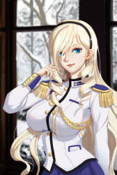 Rule 34 | 1girl, 494468573, aiguillette, arm up, blonde hair, blue eyes, breasts, celia kumani entory, drill hair, epaulettes, tucking hair, hairband, highres, indoors, large breasts, long hair, military, military uniform, pleated skirt, skirt, smile, snow, solo, standing, uniform, very long hair, walkure romanze, window