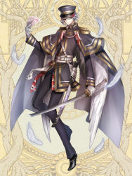 Rule 34 | 1boy, black cape, black footwear, black hat, black pants, cape, dairoku ryouhei, epaulettes, feathered wings, feathers, full body, gloves, gold trim, hair ornament, hat, hi-na1, holding, holding sword, holding weapon, katana, long legs, long sleeves, looking at viewer, male focus, military, military hat, military uniform, pants, sheath, simple background, smile, solo, sword, talisman, uniform, weapon, white feathers, white hair, white wings, wings
