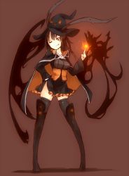 Rule 34 | 1girl, ;p, ;q, animal ears, bad id, bad pixiv id, black thighhighs, boots, brown background, brown hair, cape, darkness, ears through headwear, frills, ganesagi, halloween, hand on own hip, hat, highres, magic, one eye closed, open mouth, orange eyes, original, rabbit ears, shadow, simple background, smile, solo, thigh boots, thighhighs, tongue, tongue out, wings, wink, witch, witch hat, zettai ryouiki