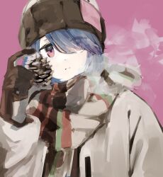 Rule 34 | 1girl, beanie, blue hair, breath, brown jacket, coat, expressionless, eyes visible through hair, gloves, hair over one eye, hat, highres, holding, jacket, long bangs, looking at viewer, maegami (daisuki oekaki1), pinecone, pink background, purple eyes, scarf, shima rin, simple background, solo, striped clothes, striped scarf, upper body, winter clothes, winter coat, yurucamp