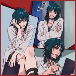 Rule 34 | 1girl, black eyes, closed eyes, collar, cropped legs, dress, eyeshadow, green hair, grin, head on hand, highres, jewelry, lab coat, leaning forward, lips, makeup, medium hair, musical note, necklace, outside border, pen, pen to mouth, persona, persona 5, pinwheejin, red nails, short dress, sitting, smile, solo, studded choker, studded collar, takemi tae