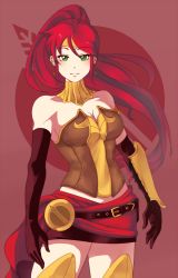 Rule 34 | 1girl, 21as, armlet, armor, bare shoulders, belt, black gloves, blush, breastplate, breasts, cleavage, elbow gloves, female focus, gloves, greaves, green eyes, jewelry, long hair, looking at viewer, medium breasts, pencil skirt, ponytail, pyrrha nikos, red background, red hair, rwby, skirt, solo, standing, strapless, tiara