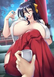 Rule 34 | 1girl, 1other, absurdres, alcohol, black hair, blush, breasts, breasts apart, choko (cup), closed eyes, cloud, cloudy sky, crossed legs, cup, haganef, high school dxd, highres, himejima akeno, huge breasts, long hair, pov, pov hands, sake, sitting, sky, smile