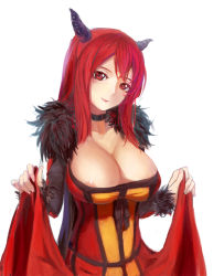 Rule 34 | 10s, 1girl, areola slip, breasts, dress, exxe, highres, horns, huge breasts, looking at viewer, maou (maoyuu), maoyuu maou yuusha, red eyes, red hair, smile, solo