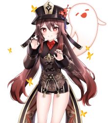 Rule 34 | 1girl, black hat, black nails, black shorts, brown hair, brown shirt, claw pose, cowboy shot, flower, genshin impact, ghost, gold trim, gradient hair, grin, hat, hat flower, highres, hu tao (genshin impact), long hair, looking at viewer, multicolored hair, nail polish, nami (nyaa), plum blossoms, red eyes, shirt, short shorts, shorts, simple background, smile, solo, star-shaped pupils, star (symbol), symbol-shaped pupils, tailcoat, thighs, twintails, very long hair, white background