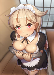 Rule 34 | 1girl, alternate costume, apron, blonde hair, blush, breast rest, breasts, breasts on tray, cleavage, commentary request, detached collar, downblouse, dress, enmaided, frilled apron, frilled dress, frills, from above, hair ornament, hairclip, holding, holding tray, indoors, kantai collection, looking at viewer, maid, maid headdress, maku ro, medium breasts, nervous smile, no bra, puffy short sleeves, puffy sleeves, red eyes, short sleeves, smile, solo, tray, waist apron, white apron, yuudachi (kancolle), yuudachi kai ni (kancolle)