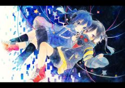 Rule 34 | 2girls, black hair, blue eyes, blue hair, dutch angle, ene (kagerou project), enomoto takane, faux traditional media, gas mask, grin, headphones, jacket, kagerou project, letterboxed, looking at viewer, mask, mituame, multiple girls, red eyes, shoes, smile, twintails