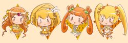 Rule 34 | 0 0, 10s, 4girls, :&gt;, blonde hair, blush, bow, brooch, chibi, color connection, cup, cure muse, cure muse (yellow), cure peace, cure rosetta, cure sunshine, dokidoki! precure, hair flaps, heart, heart brooch, heartcatch precure!, highres, jewelry, jumping, kise yayoi, midriff, multiple girls, myoudouin itsuki, orange hair, ponytail, precure, shirabe ako, skirt, smile precure!, suite precure, sutourururu, teacup, tiara, twintails, yellow bow, yellow skirt, yotsuba alice