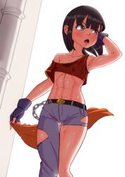 Rule 34 | 1girl, abs, absurdres, arm behind head, arm up, armpits, belt, belt buckle, belt chain, black gloves, black hair, breasts, buckle, chain, collarbone, crop top, dragon ball, dragon ball gt, feet out of frame, female focus, fingerless gloves, gloves, grey eyes, highres, murasaki akiyama, navel, off shoulder, open mouth, pan (dragon ball), pants, red shirt, saliva, saliva trail, shirt, short hair, short sleeves, sidelocks, small breasts, solo, standing, sweat, thigh gap, thighs, torn clothes, torn pants