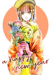 Rule 34 | 1girl, brown eyes, brown hair, flower, gloves, happy new year, highres, japanese clothes, kimono, looking at viewer, medium hair, micophylite, new year, original, pink gloves, print scarf, scarf, simple background, standing, wide sleeves