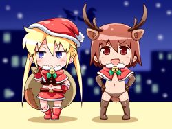 Rule 34 | &gt;:d, 2girls, :d, animal costume, animal ears, antlers, boots, brown hair, christmas, deer ears, hat, horns, jinnouchi akira, kill me baby, long hair, midriff, multiple girls, navel, open mouth, oribe yasuna, over shoulder, reindeer antlers, reindeer costume, sack, santa boots, santa costume, santa hat, short hair, smile, sonya (kill me baby), thigh boots, thighhighs, twintails, v-shaped eyebrows
